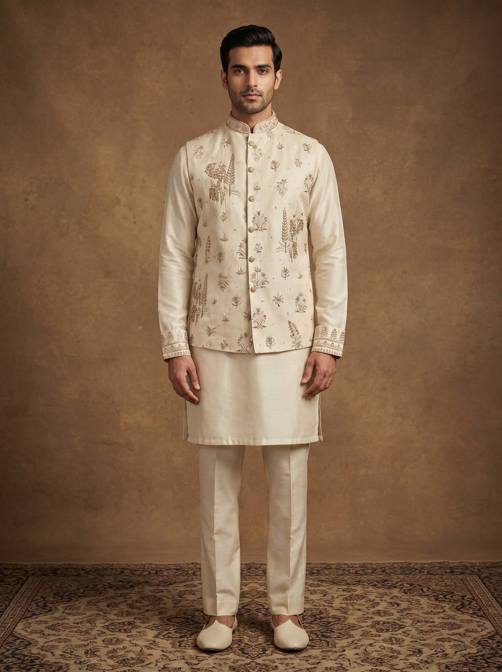 Hand Embroidered Silk Kurta Pajama Waistcoat Set