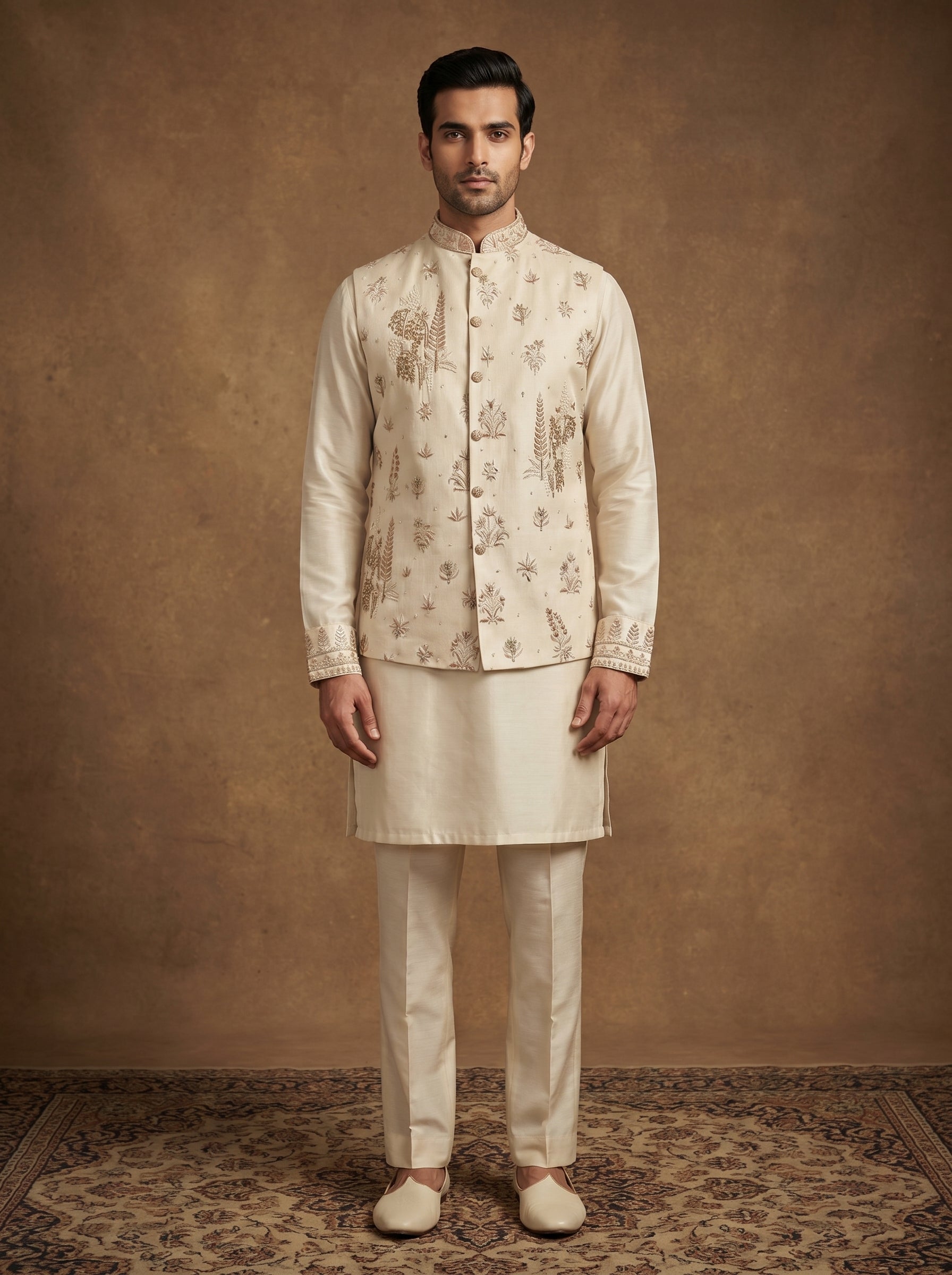 Hand Embroidered Silk Kurta Pajama Waistcoat Set