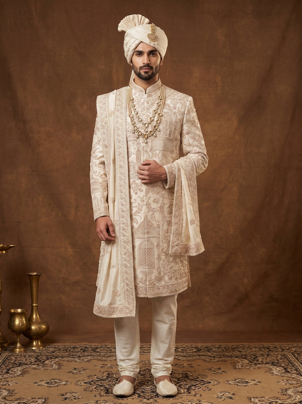 Silk Beige Sherwani With Hand Embroidery