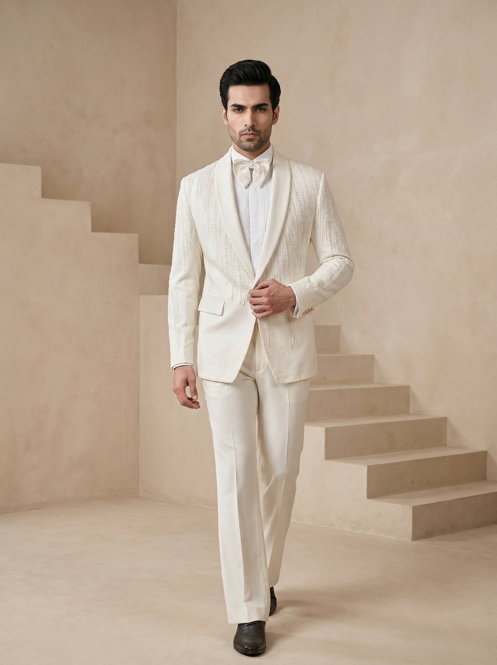 White Japanese Hand Embroidered Tuxedo