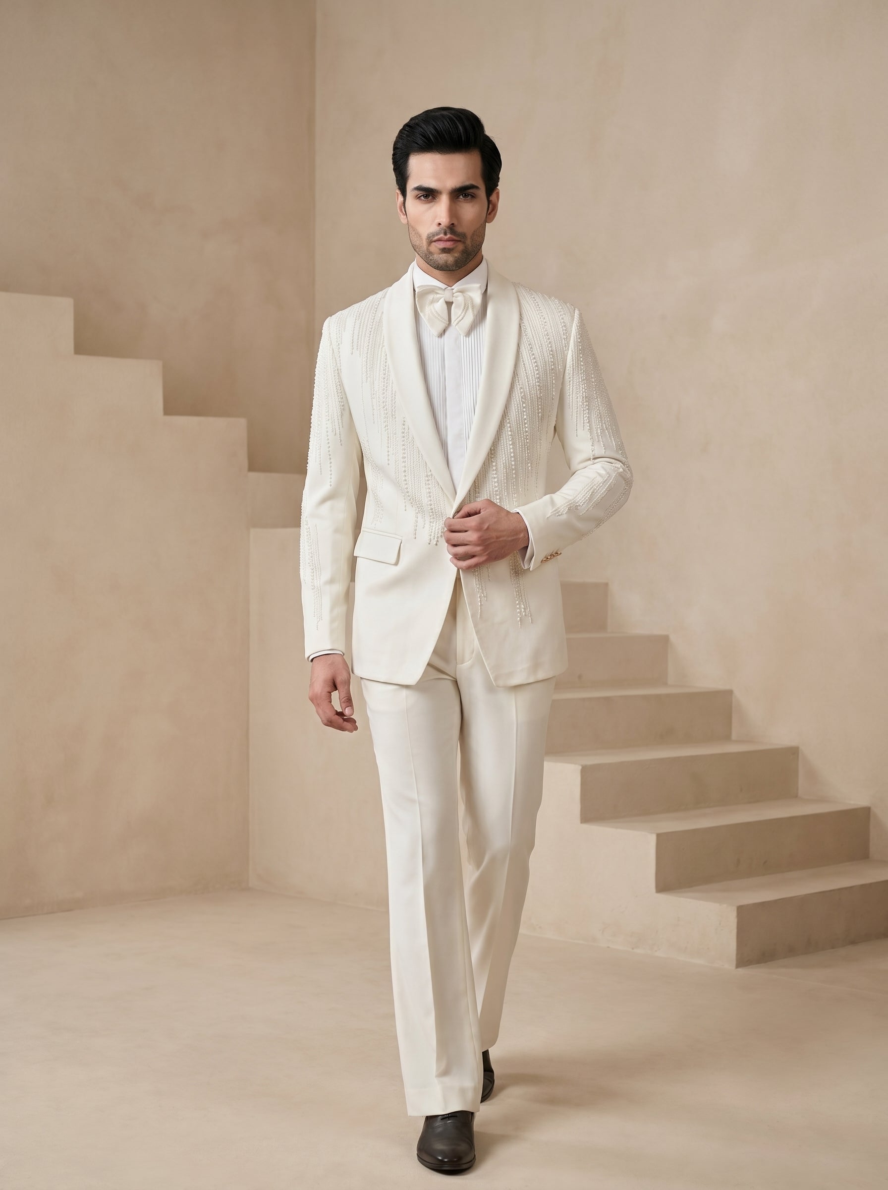 White Japanese Hand Embroidered Tuxedo
