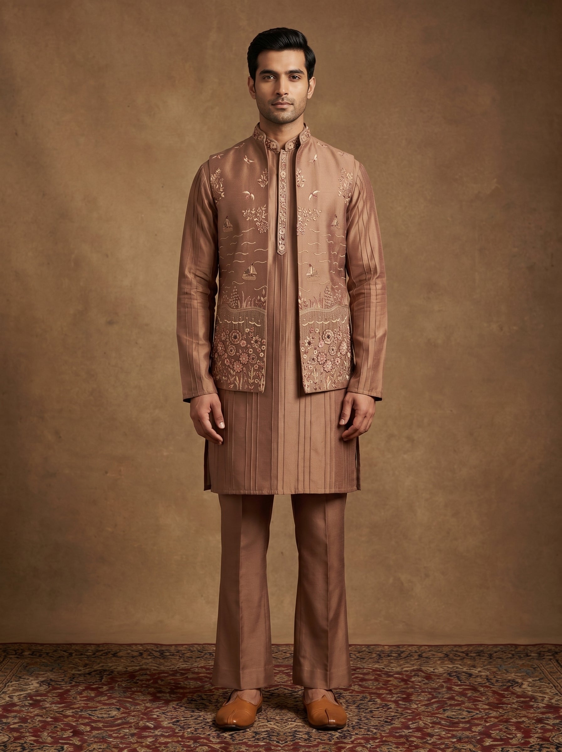 Hand Embroidered Silk Kurta Pajama Waistcoat Set