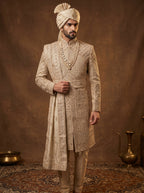 Silk Beige Gold Sherwani With Hand Embroidery
