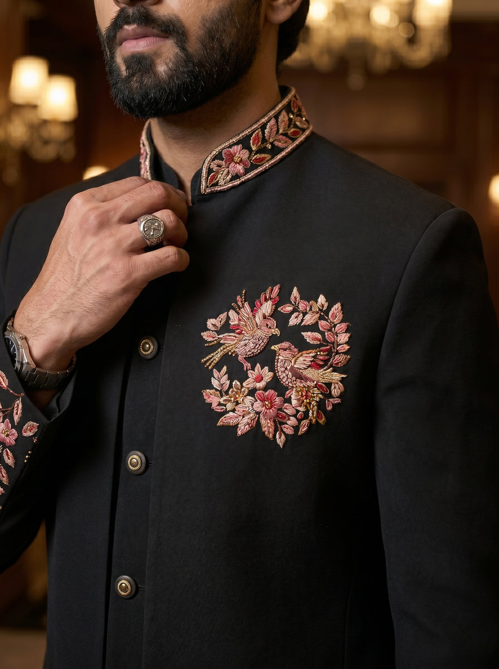 Black thread embroidered front open jodhpuri