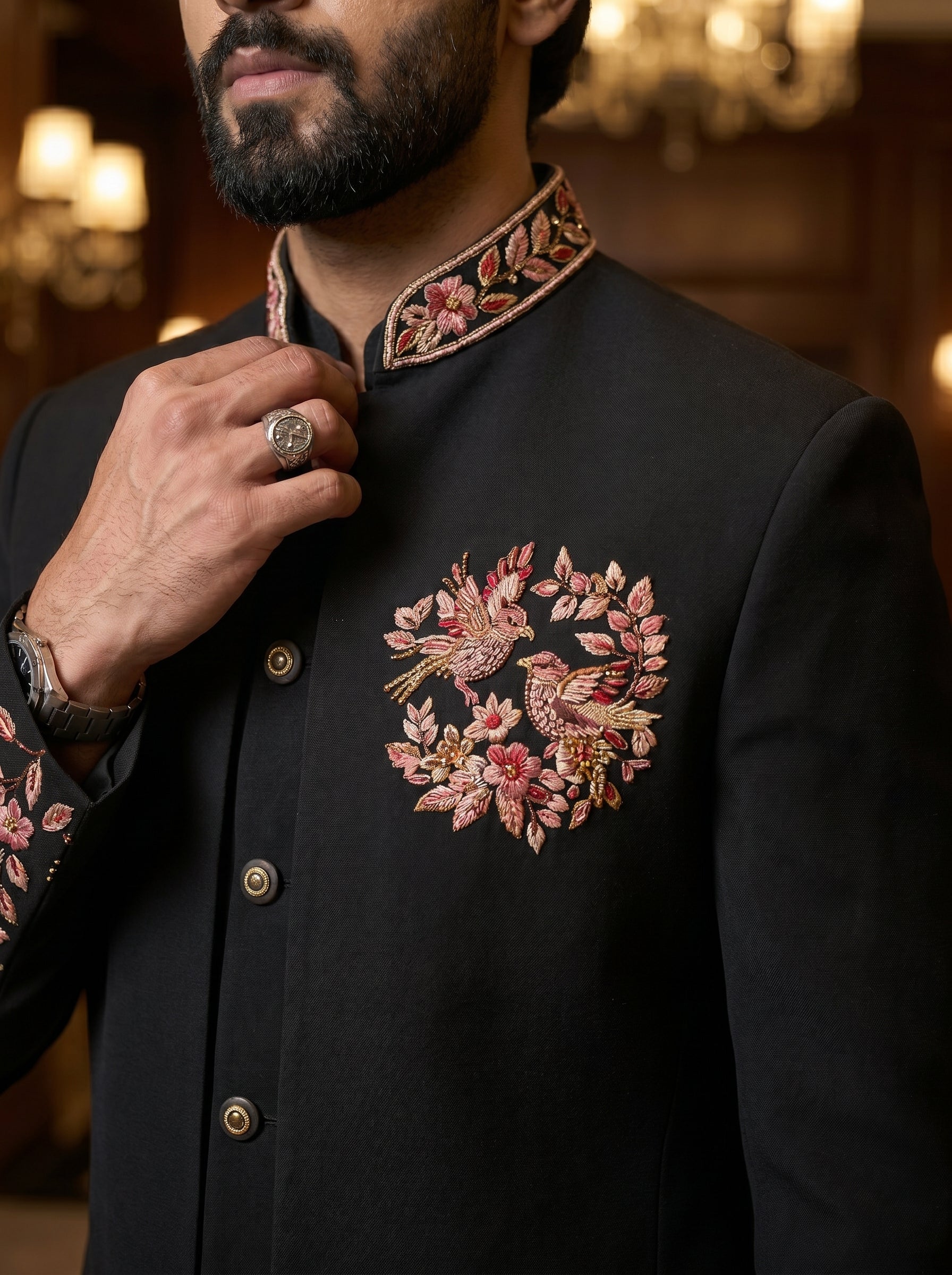 Black thread embroidered front open jodhpuri