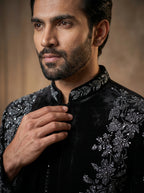 Black velvet handwork front open jodhpuri with V jacket