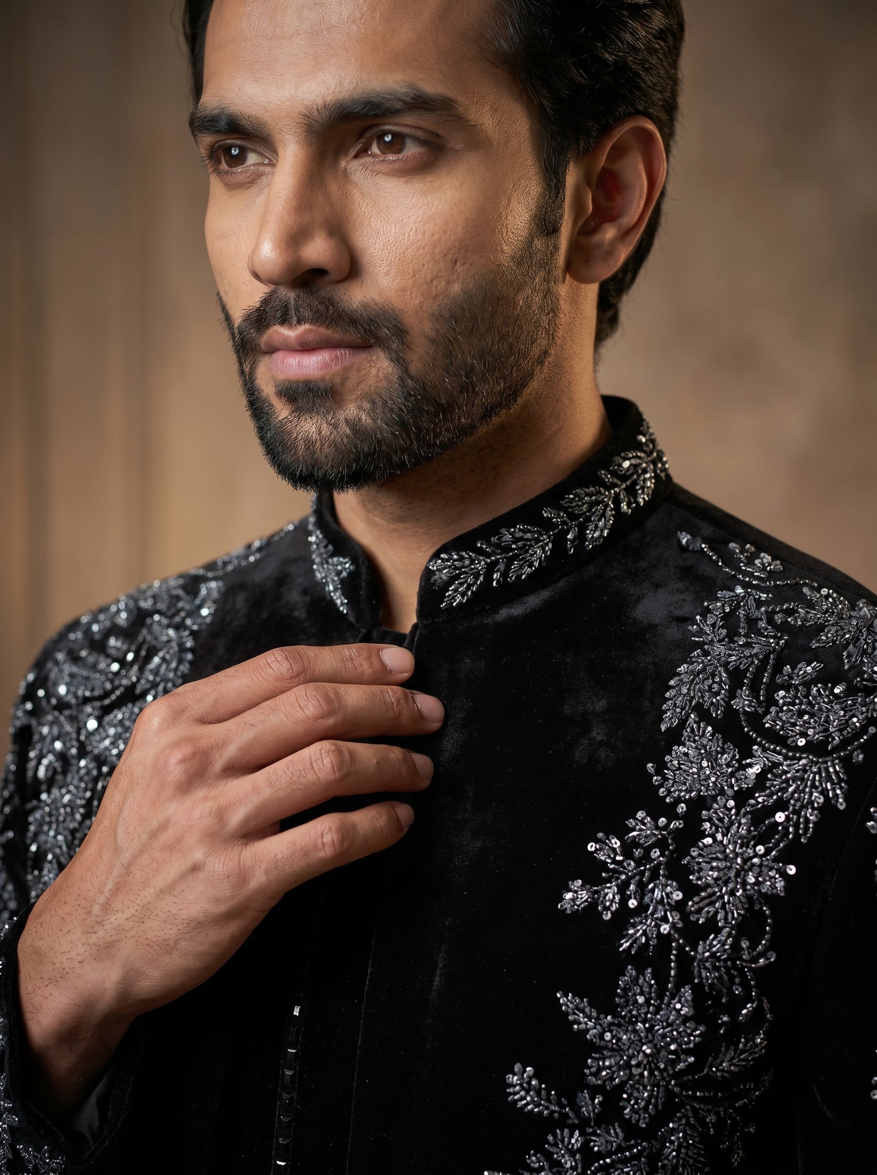 Black velvet handwork front open jodhpuri with V jacket
