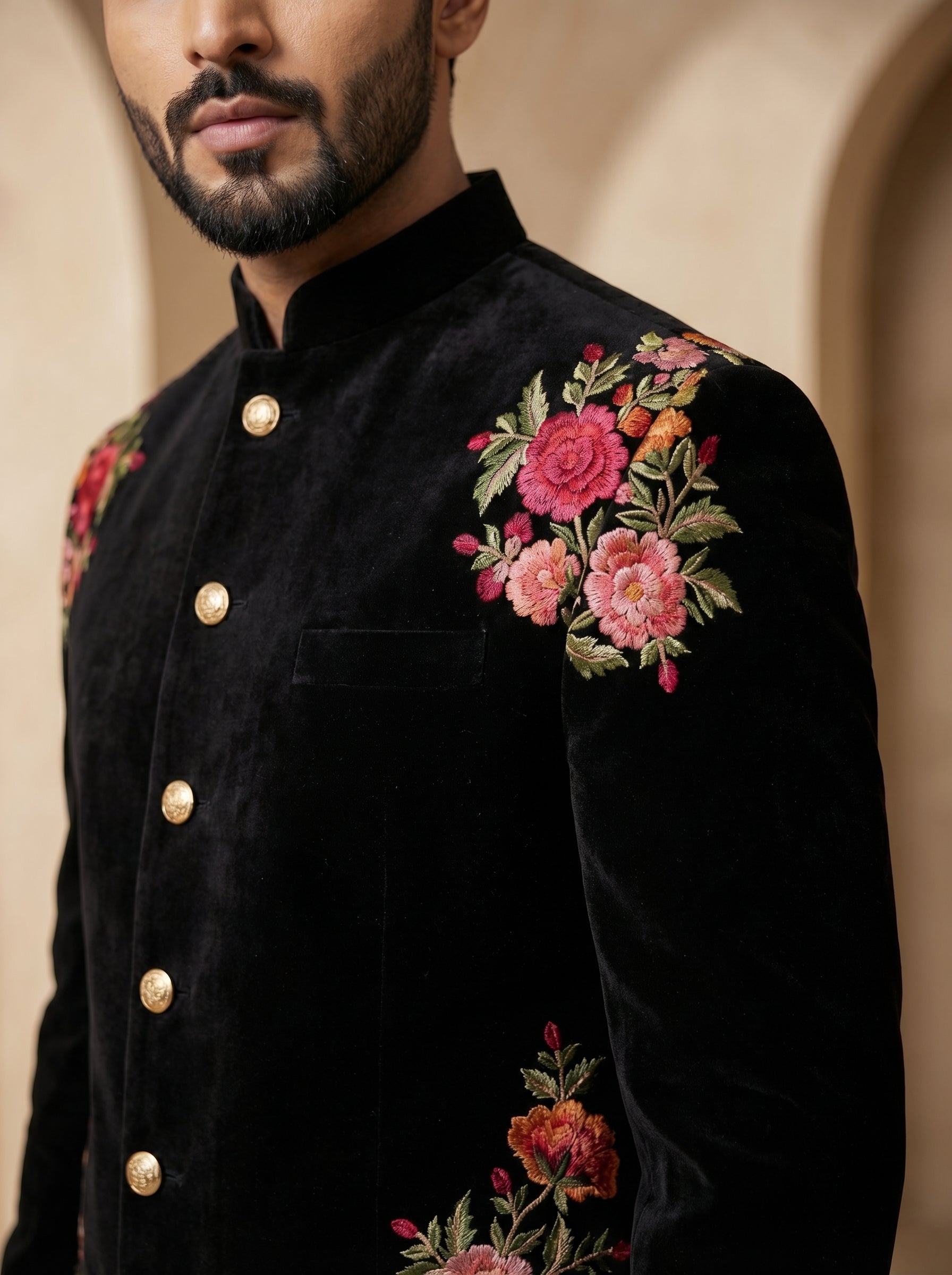 Black multi color thread work bandgala
