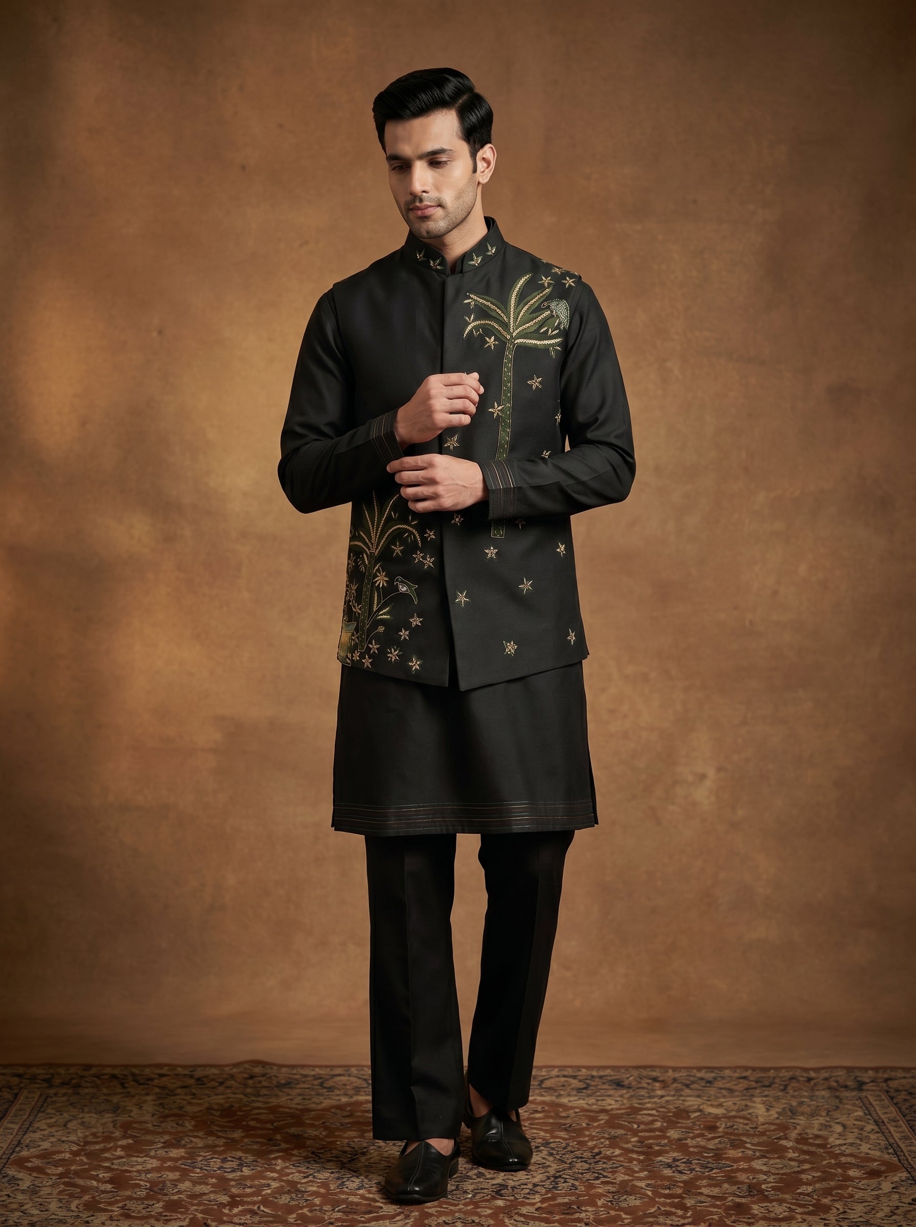 Hand Embroidered Silk Kurta Pajama Waistcoat Set