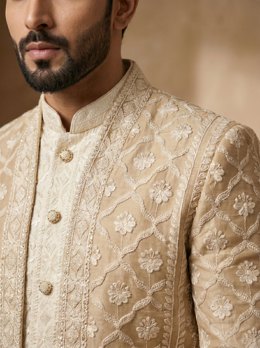 Nude color thread embroidered indo western