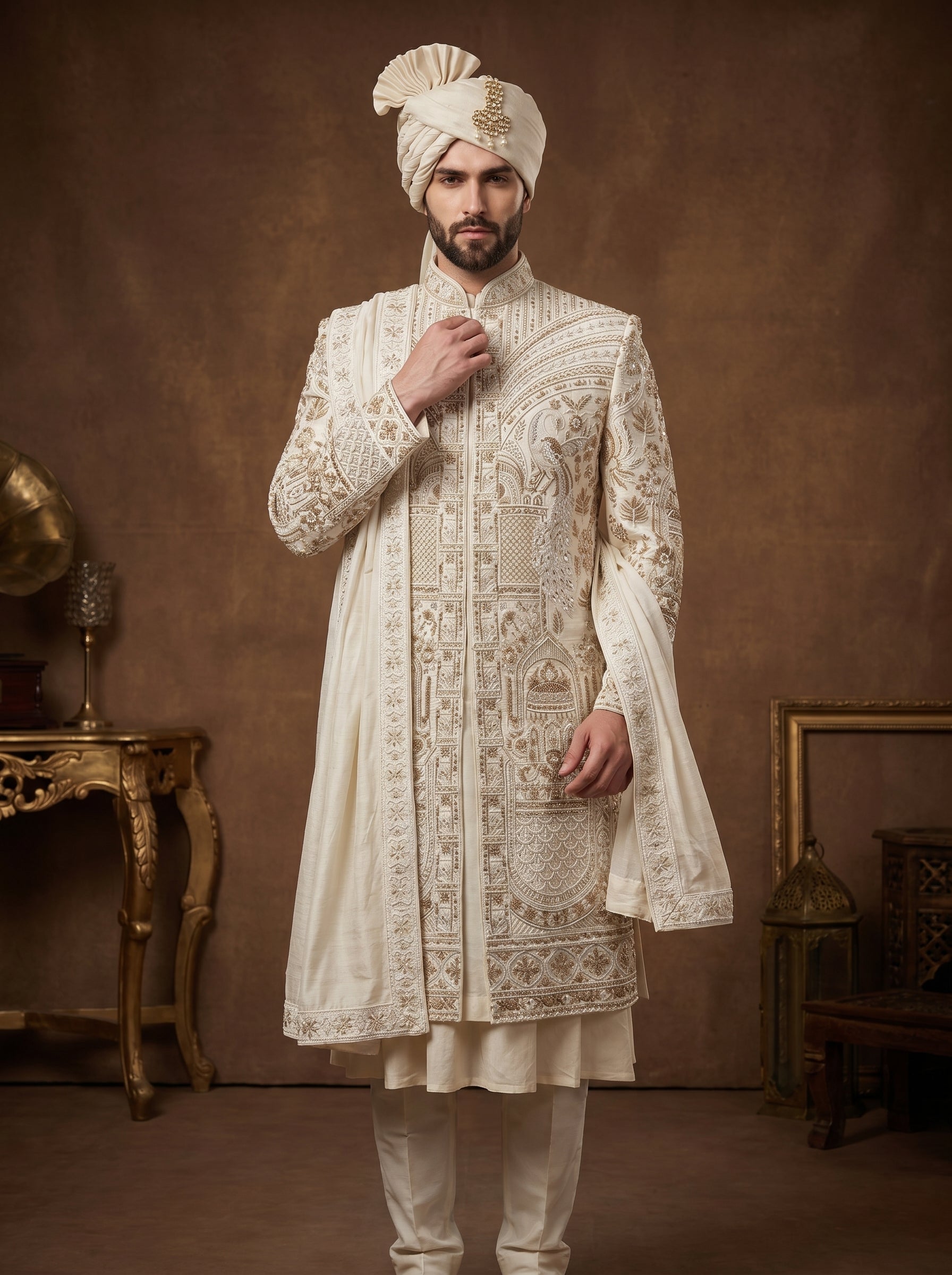 Ivory Silk Sherwani With Hand Embroidery