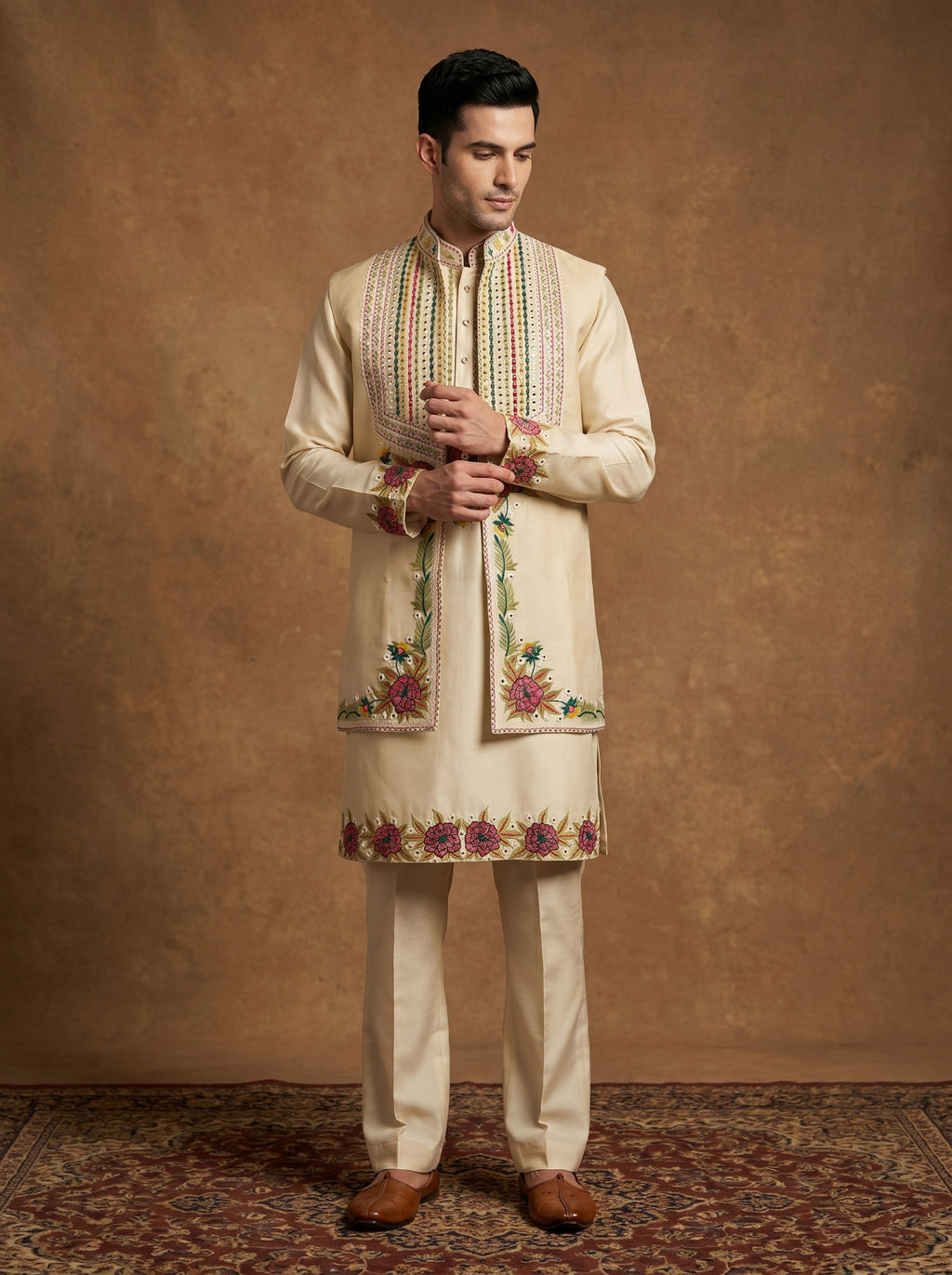 Hand Embroidered Silk Kurta Pajama Waistcoat Set