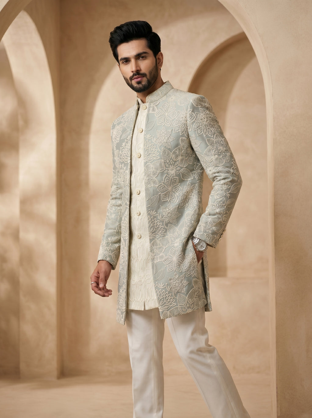 Powder blue thread embroidered indo western