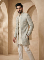 Powder blue thread embroidered indo western