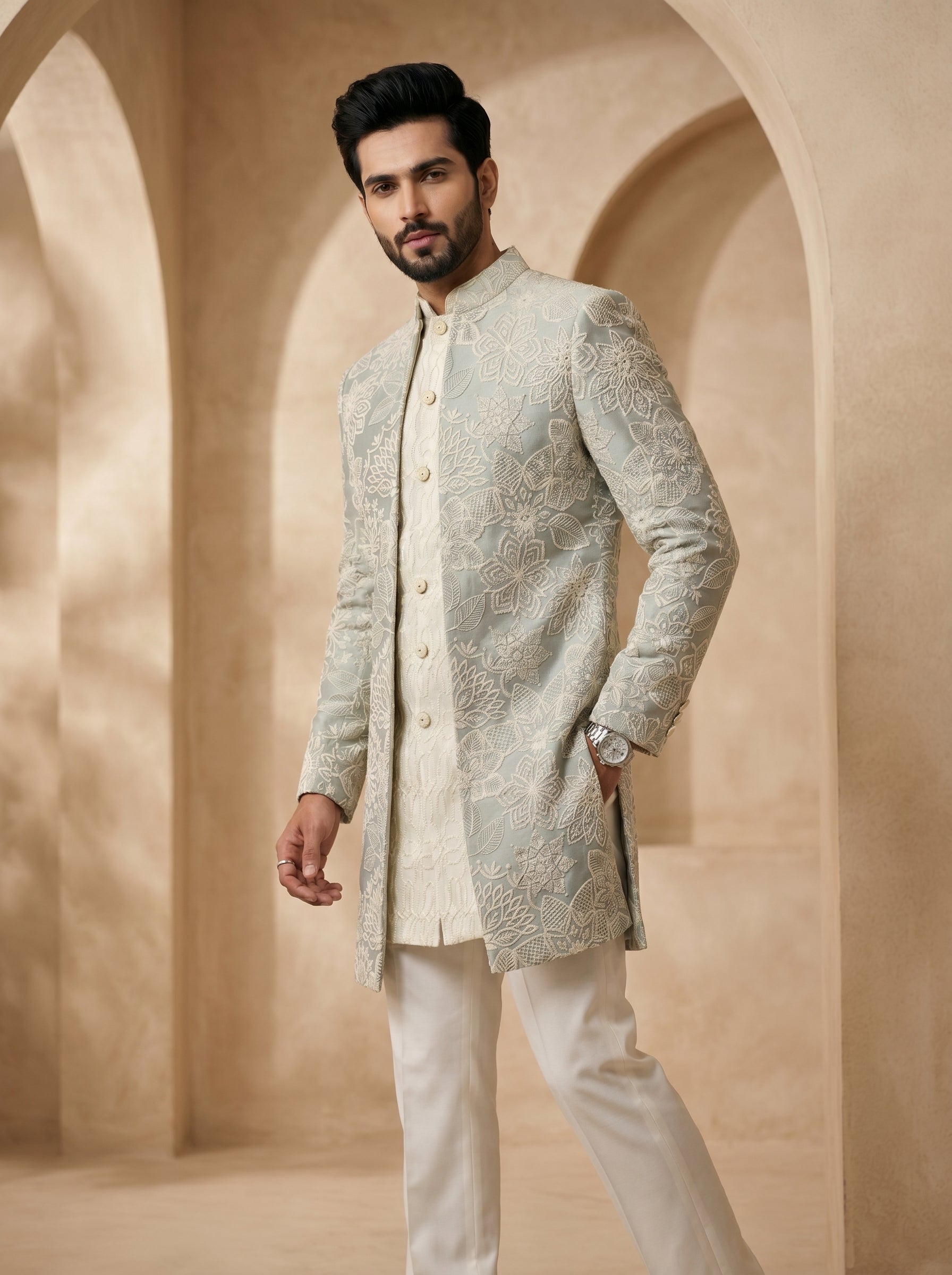 Powder blue thread embroidered indo western