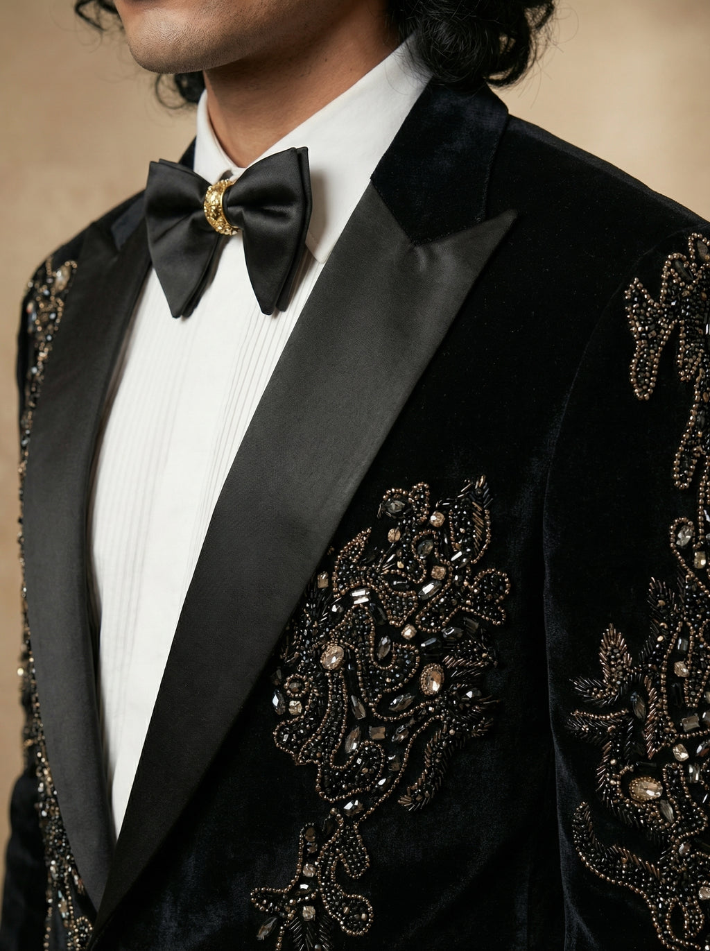 Velvet hand embroidered tuxedo with gemstone