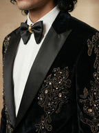 Velvet hand embroidered tuxedo with gemstone