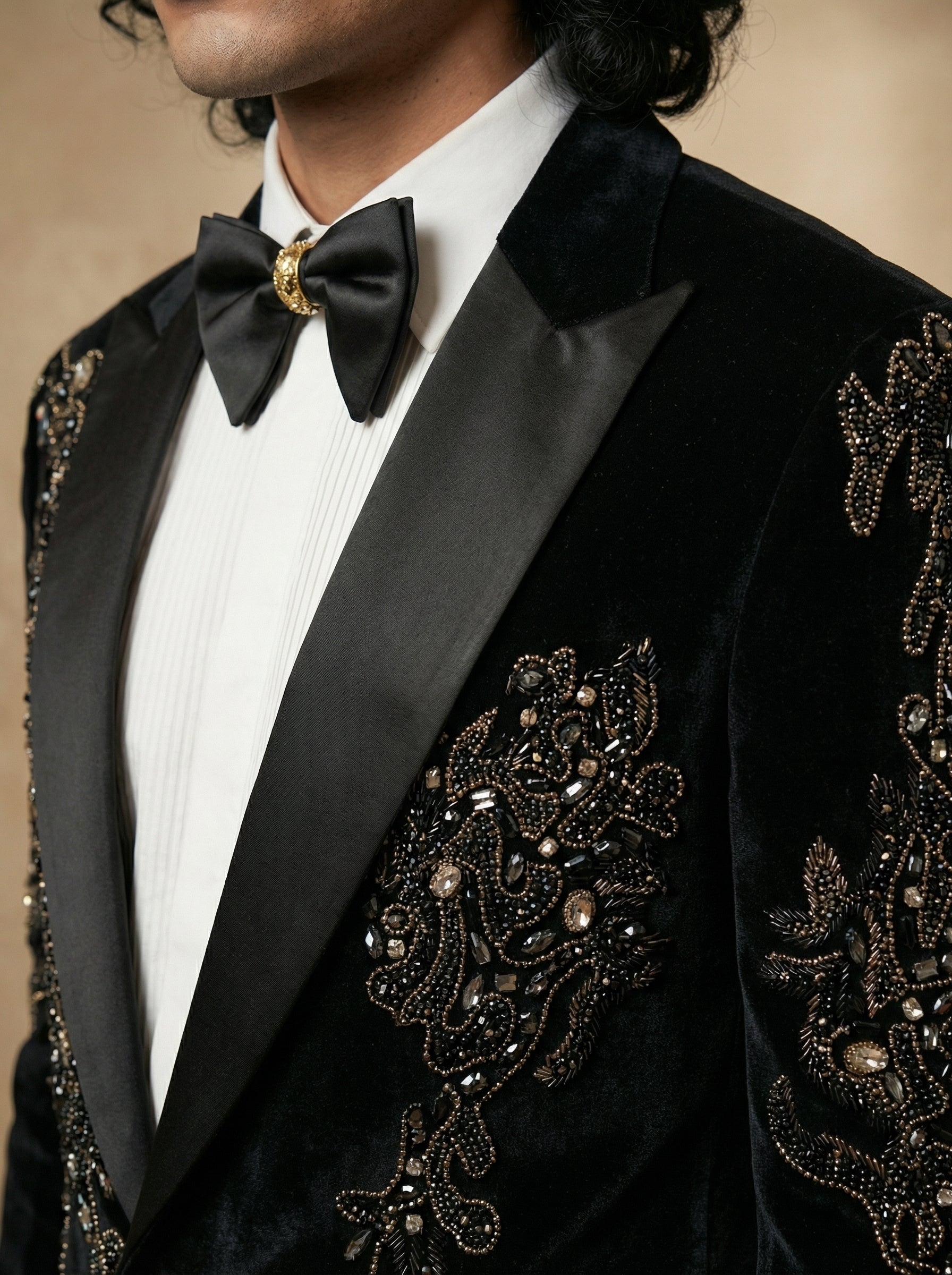 Velvet hand embroidered tuxedo with gemstone