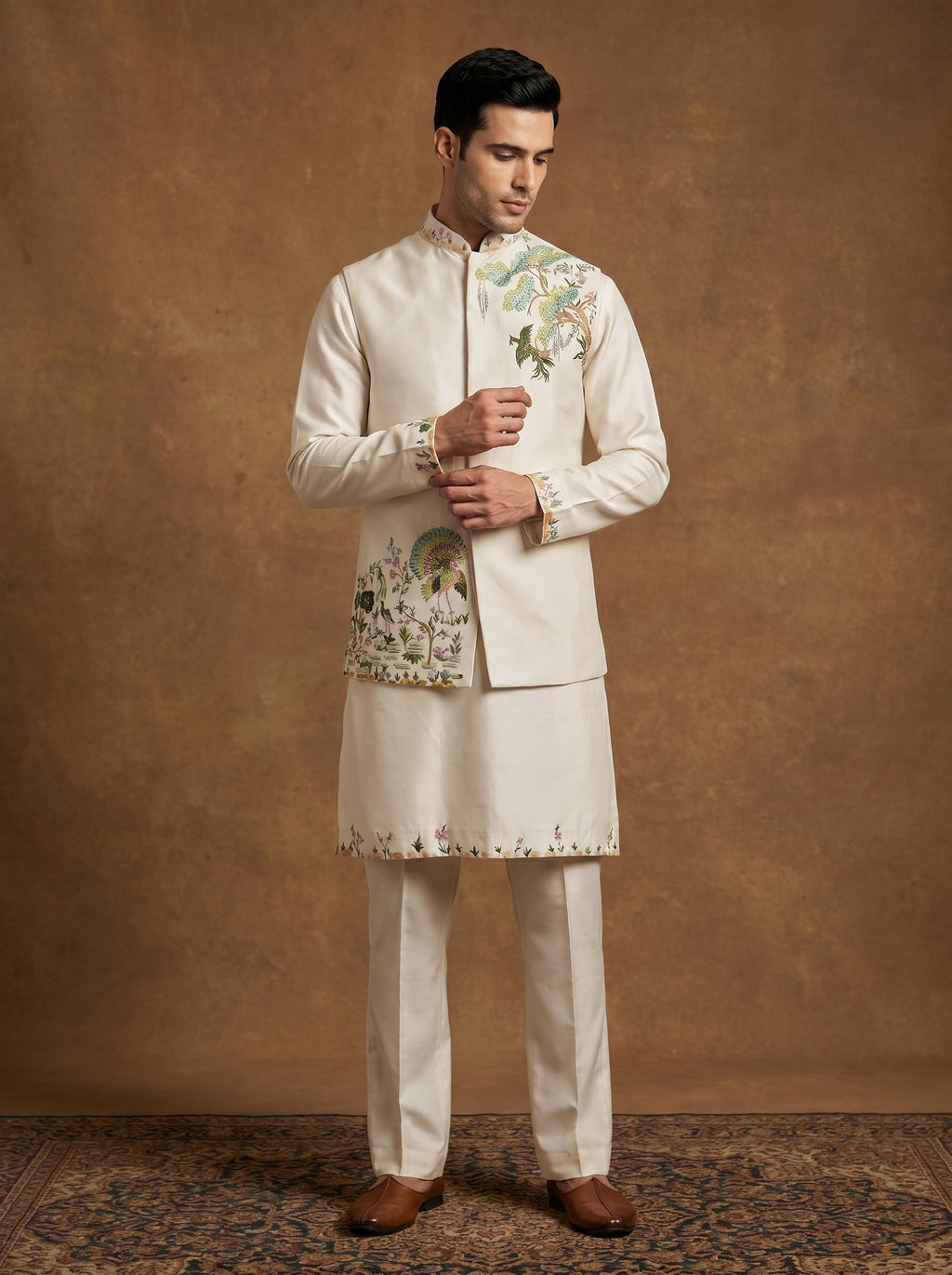 Hand Painted Embroidered Silk Kurta Pajama Waistcoat Set
