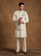 Hand Painted Embroidered Silk Kurta Pajama Waistcoat Set
