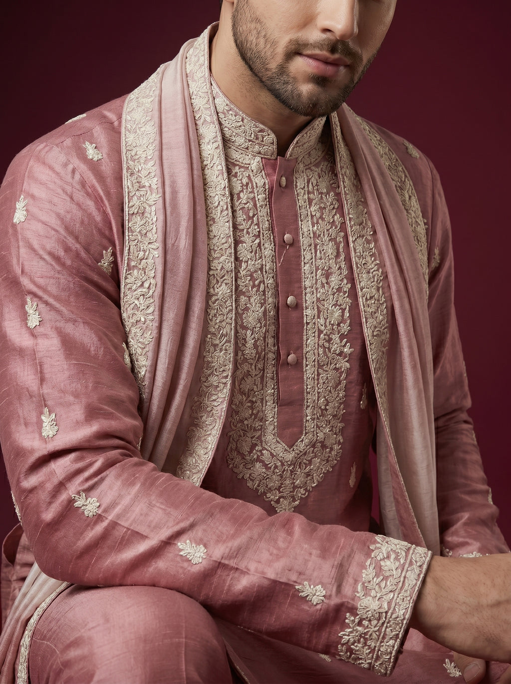 Silk Embroidered Kurta Pajama with Off White Bell Bottom