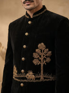 Black silk velvet hand embroidered with metal broach and buttons jodhpuri