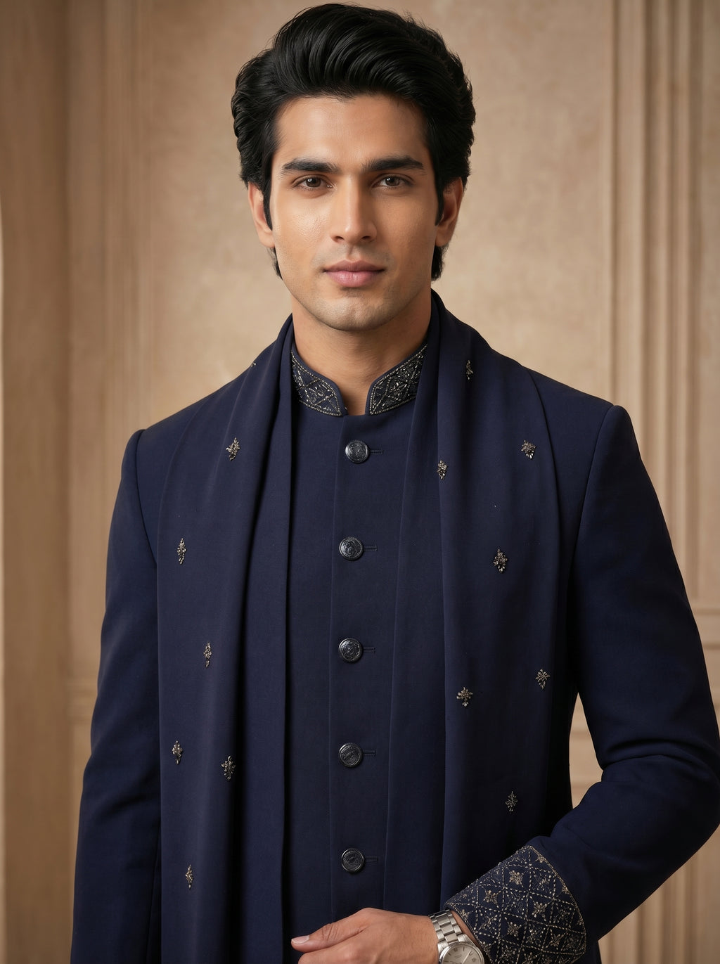 Navy Blue hand Embroidered Indo Western with stall