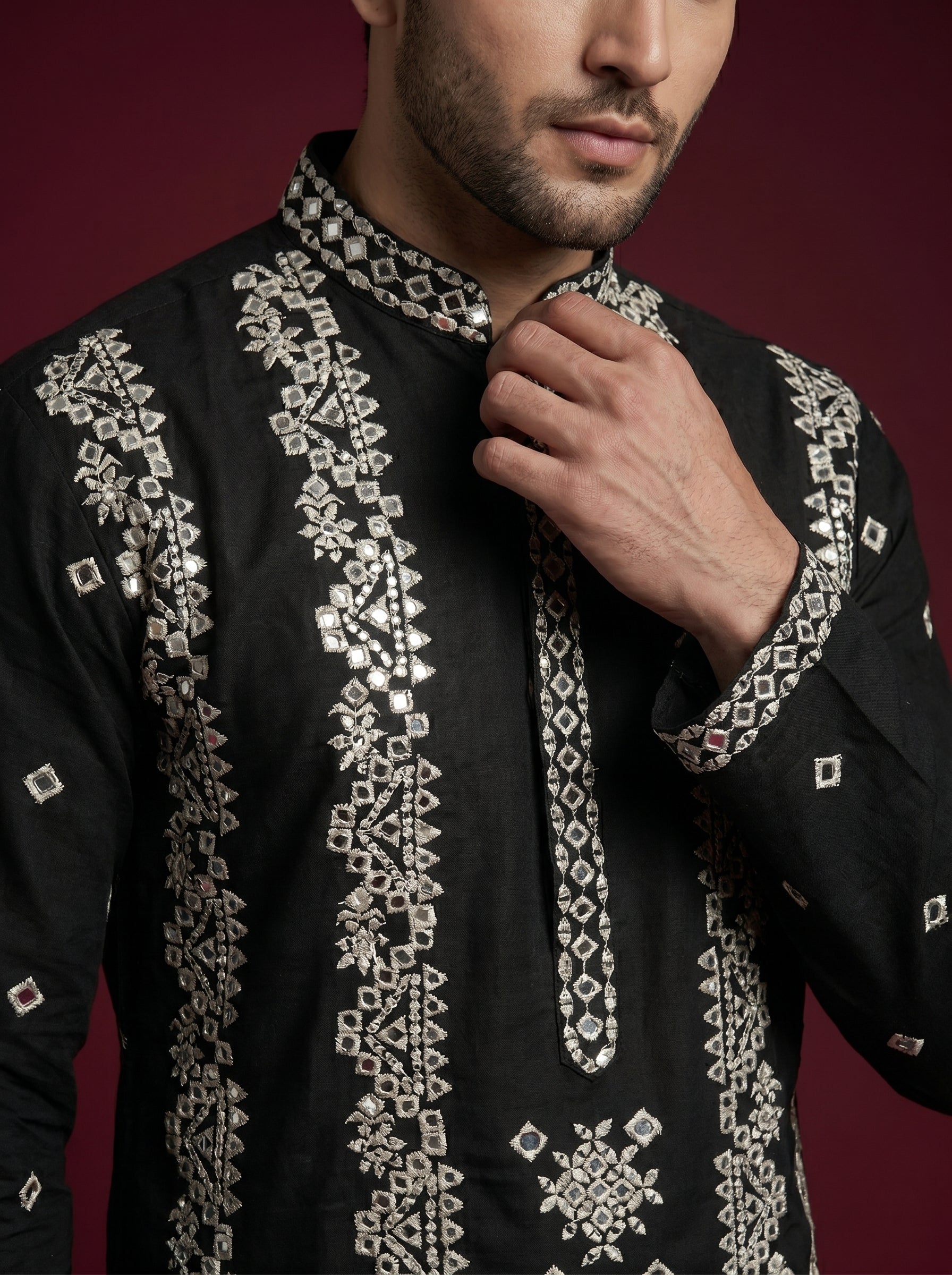 Silk Mirror Embroidered Kurta Pajama