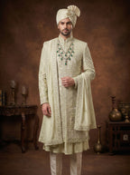 Silk Pista Sherwani With Hand Embroidery