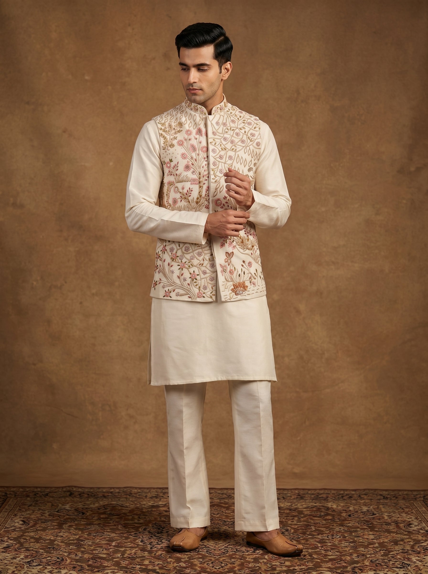 Hand Embroidered Silk Kurta Pajama Waistcoat Set
