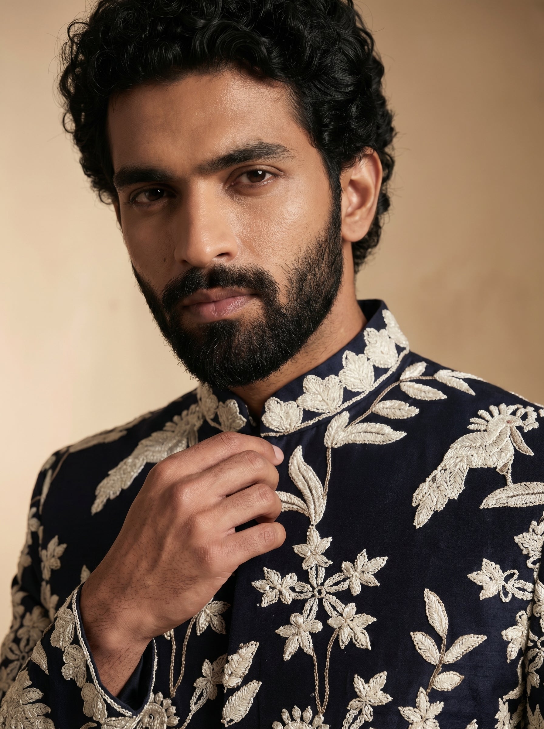 Navy Blue hand Embroidered Indo Western
