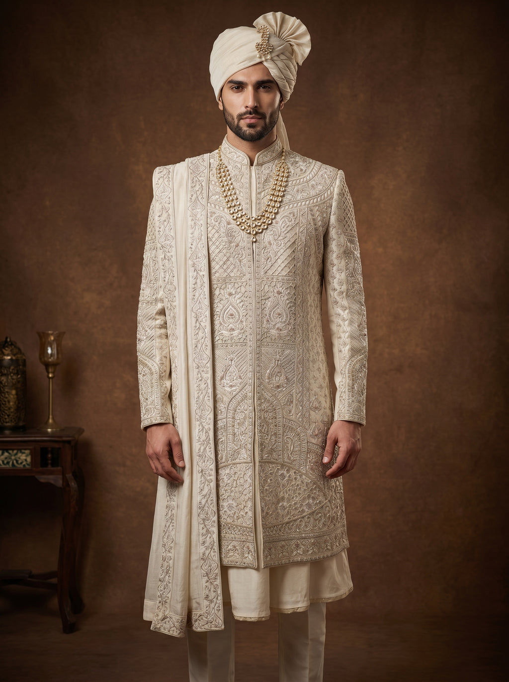 Cream Silk Sherwani With Hand Embroidery