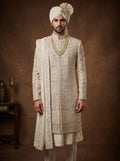Cream Silk Sherwani With Hand Embroidery