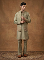 Hand Embroidered Silk Kurta Pajama Waistcoat Set