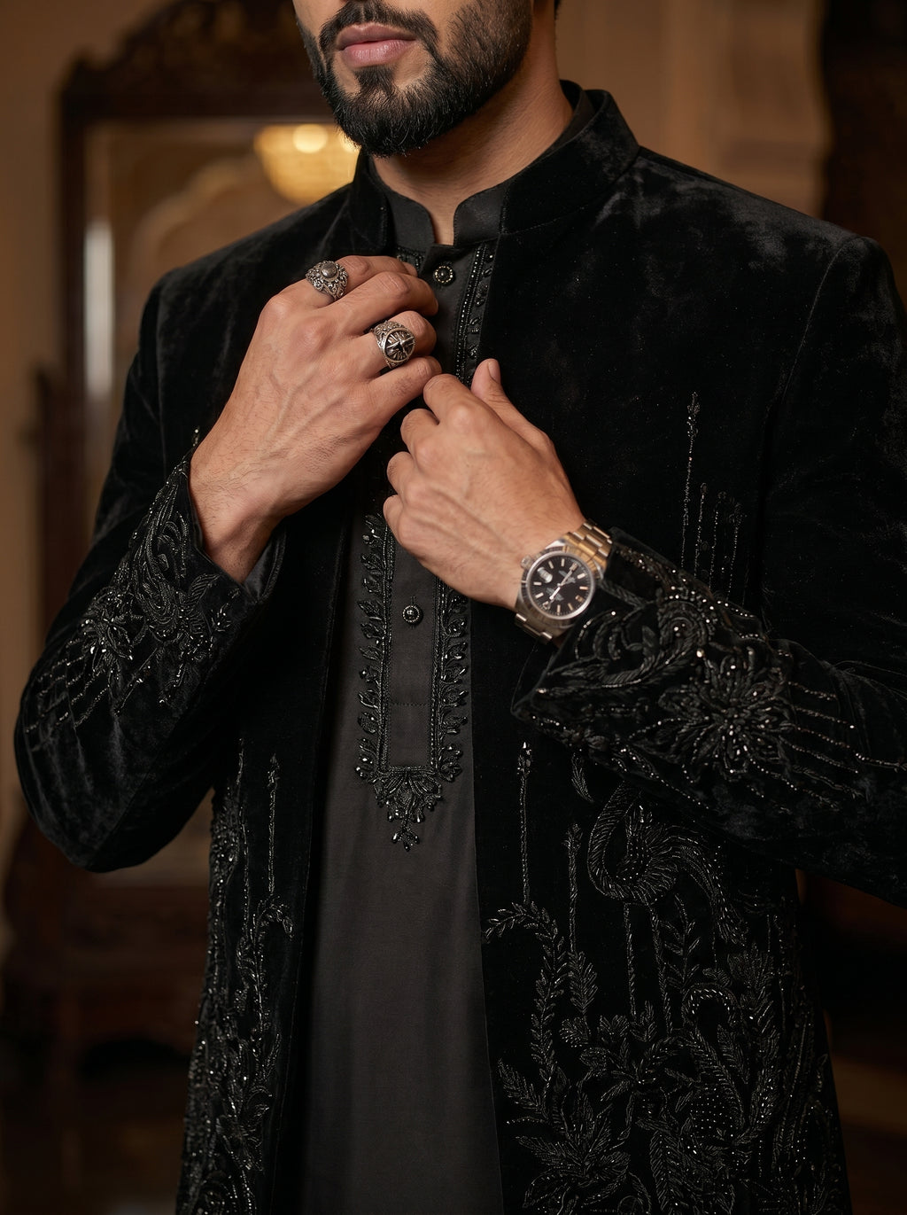 Black velvet embroidered indowestern with hand work