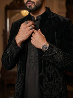 Black velvet embroidered indowestern with hand work