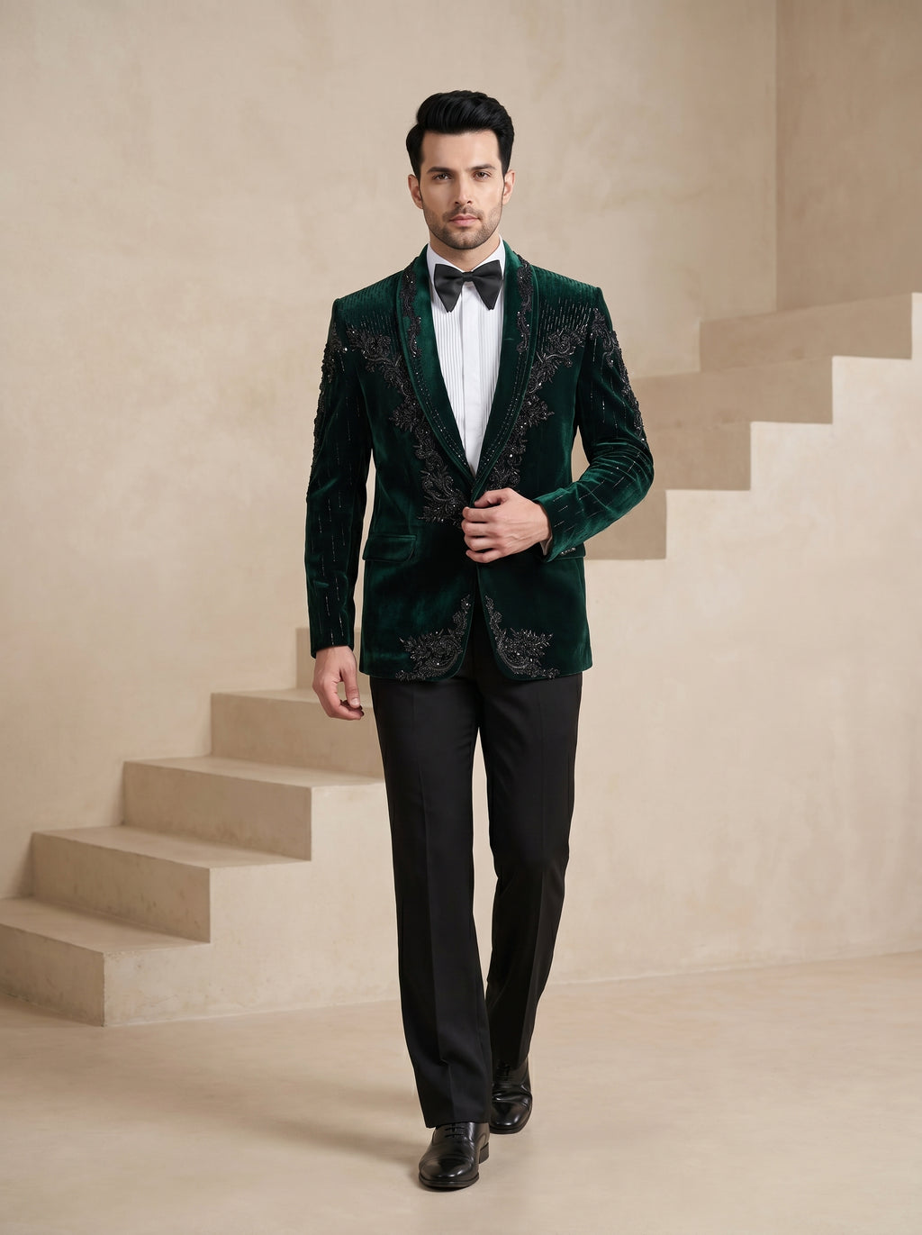 Green Velvet Hand Embroidered Tuxedo