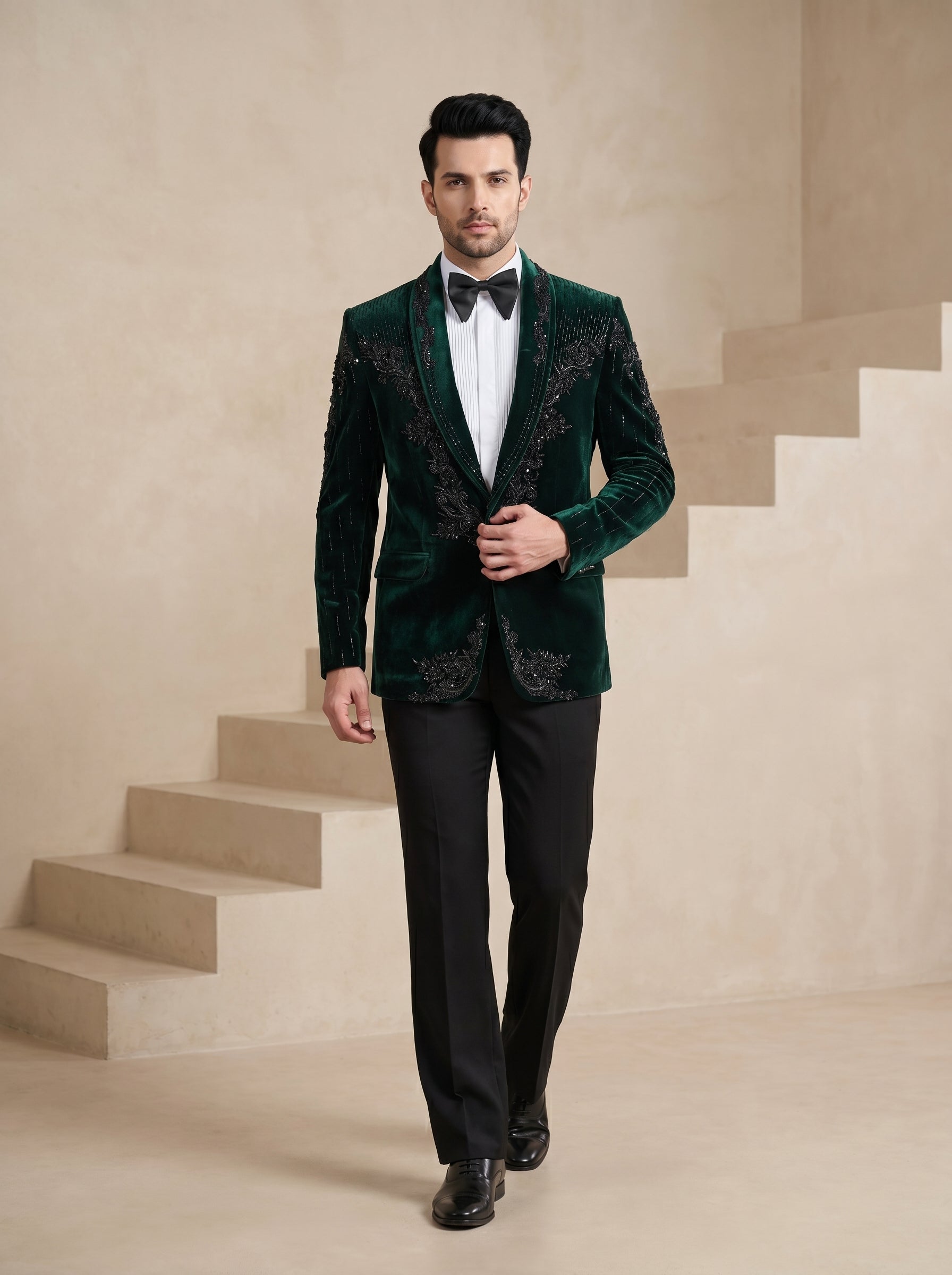 Green Velvet Hand Embroidered Tuxedo