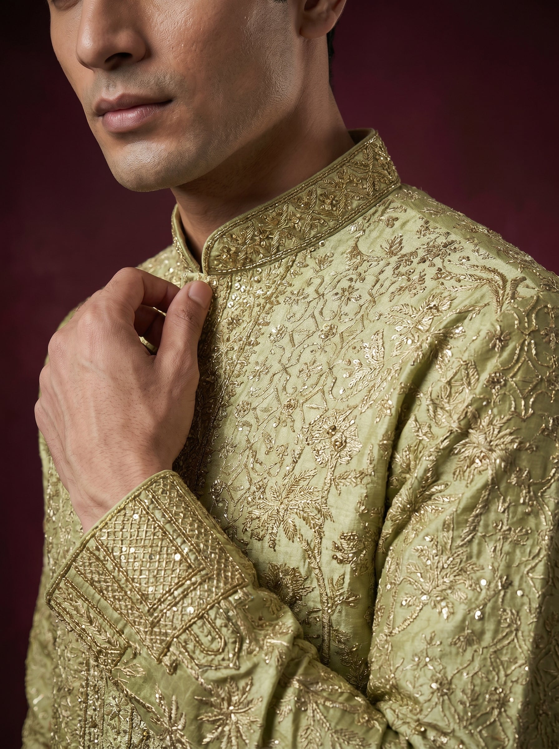 Tissue Fabric Hand Embroidered Kurta Pajama with Off White Bell Bottom