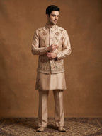 Hand Embroidered Silk Kurta Pajama Waistcoat Set
