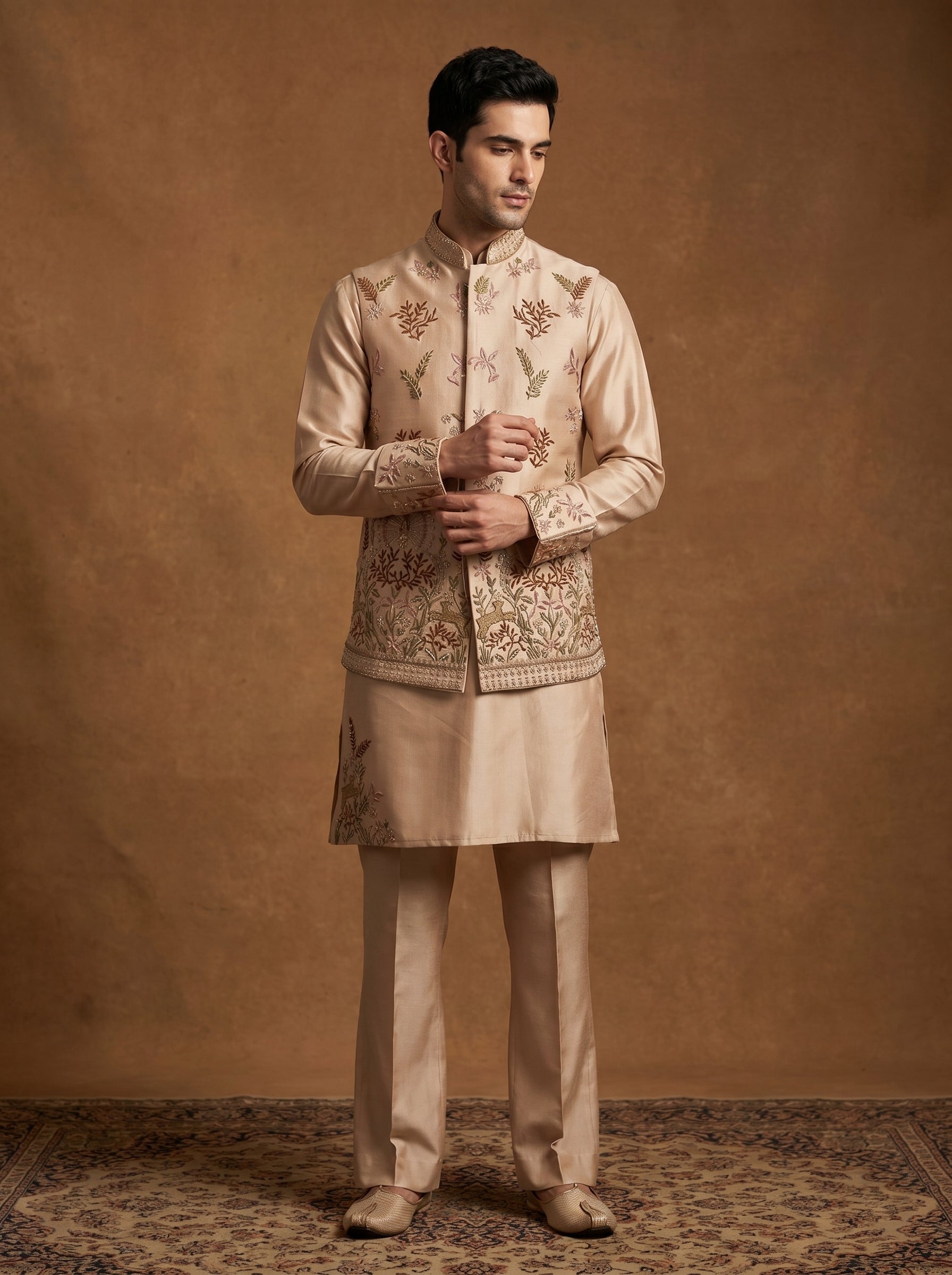 Hand Embroidered Silk Kurta Pajama Waistcoat Set