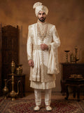 Ivory Silk Sherwani With Hand Embroidery
