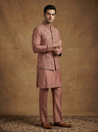 Hand Embroidered Silk Kurta Pajama Waistcoat Set