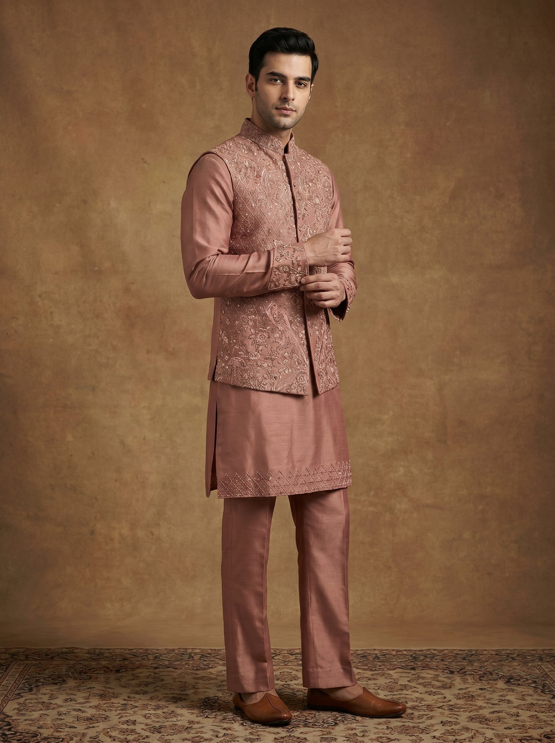 Hand Embroidered Silk Kurta Pajama Waistcoat Set