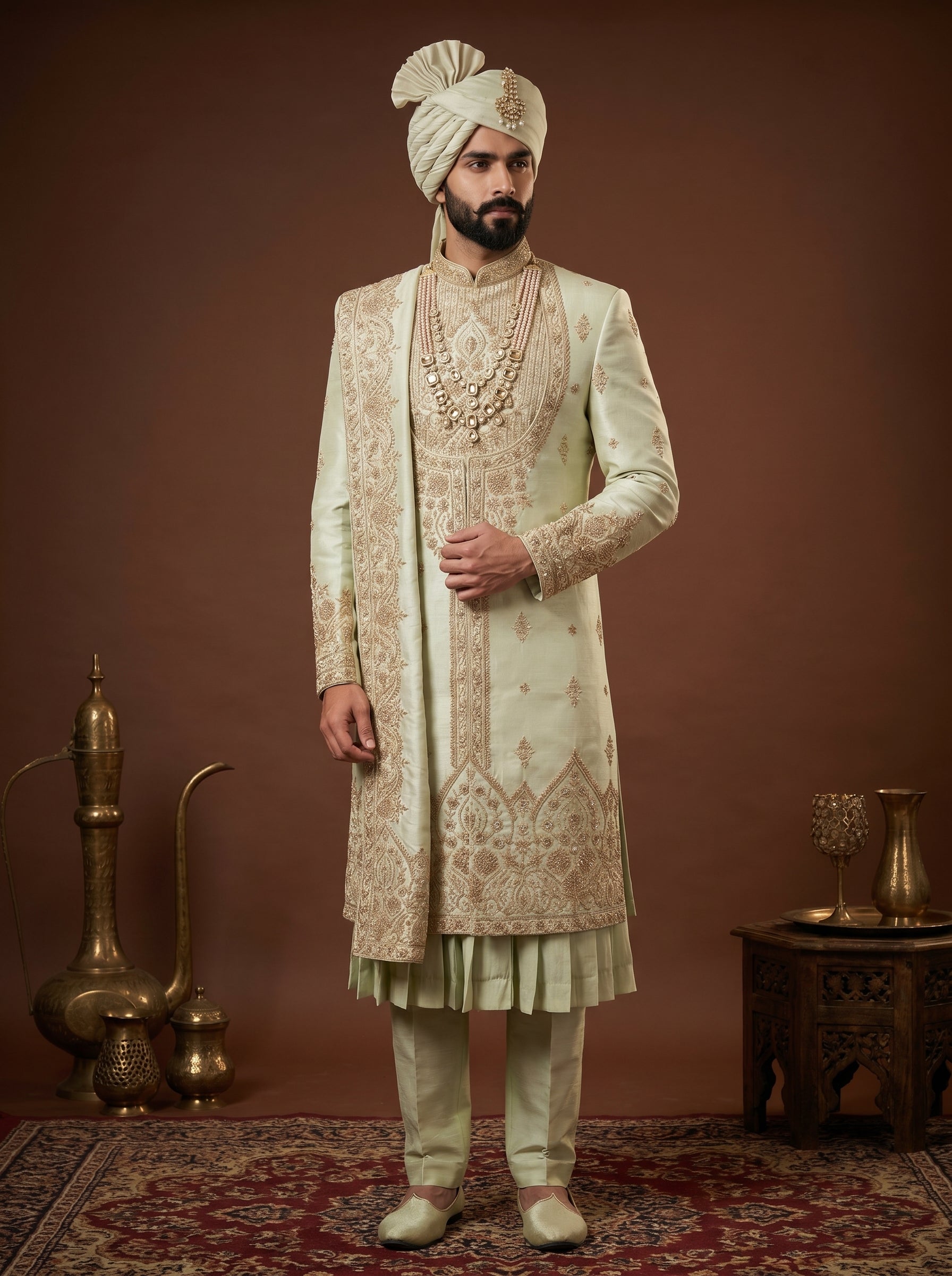 Silk Pista Sherwani With Hand Embroidery
