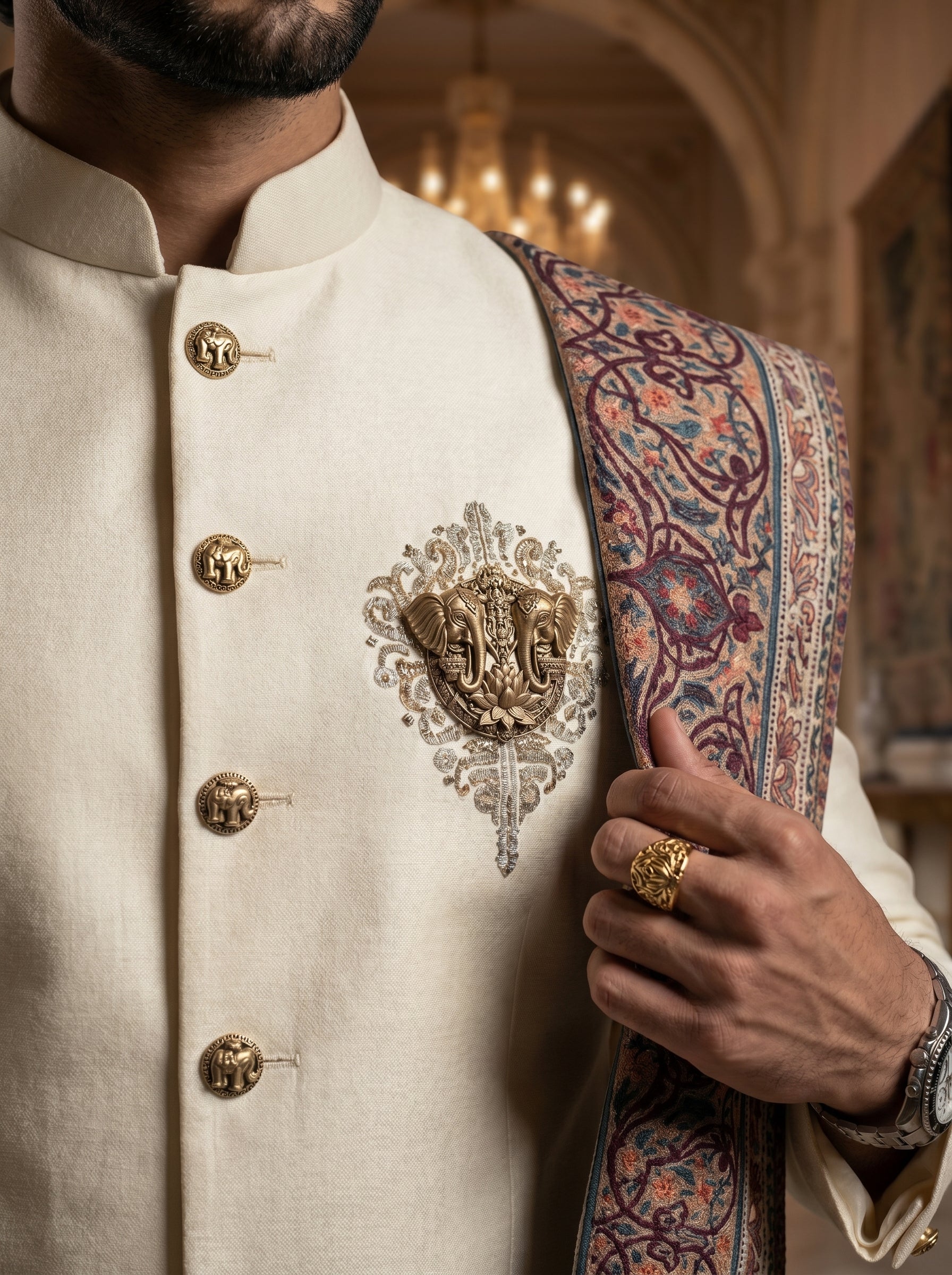 Ivory velvet achkan with hand embroidered and metal broach with stall