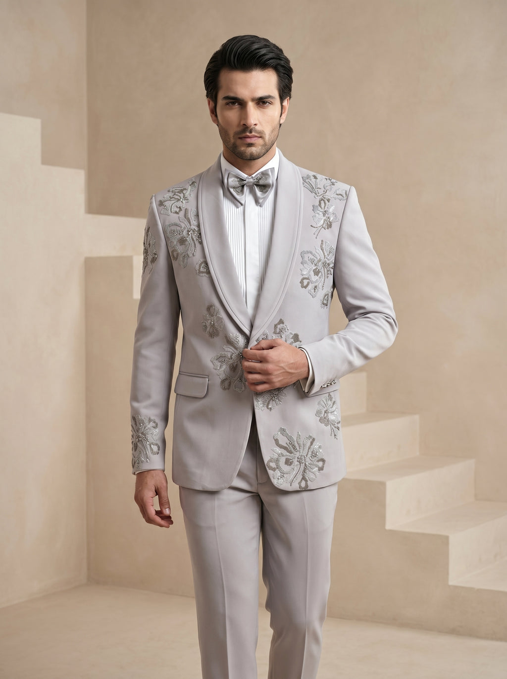 Grey Japanese Hand Embroidered Tuxedo