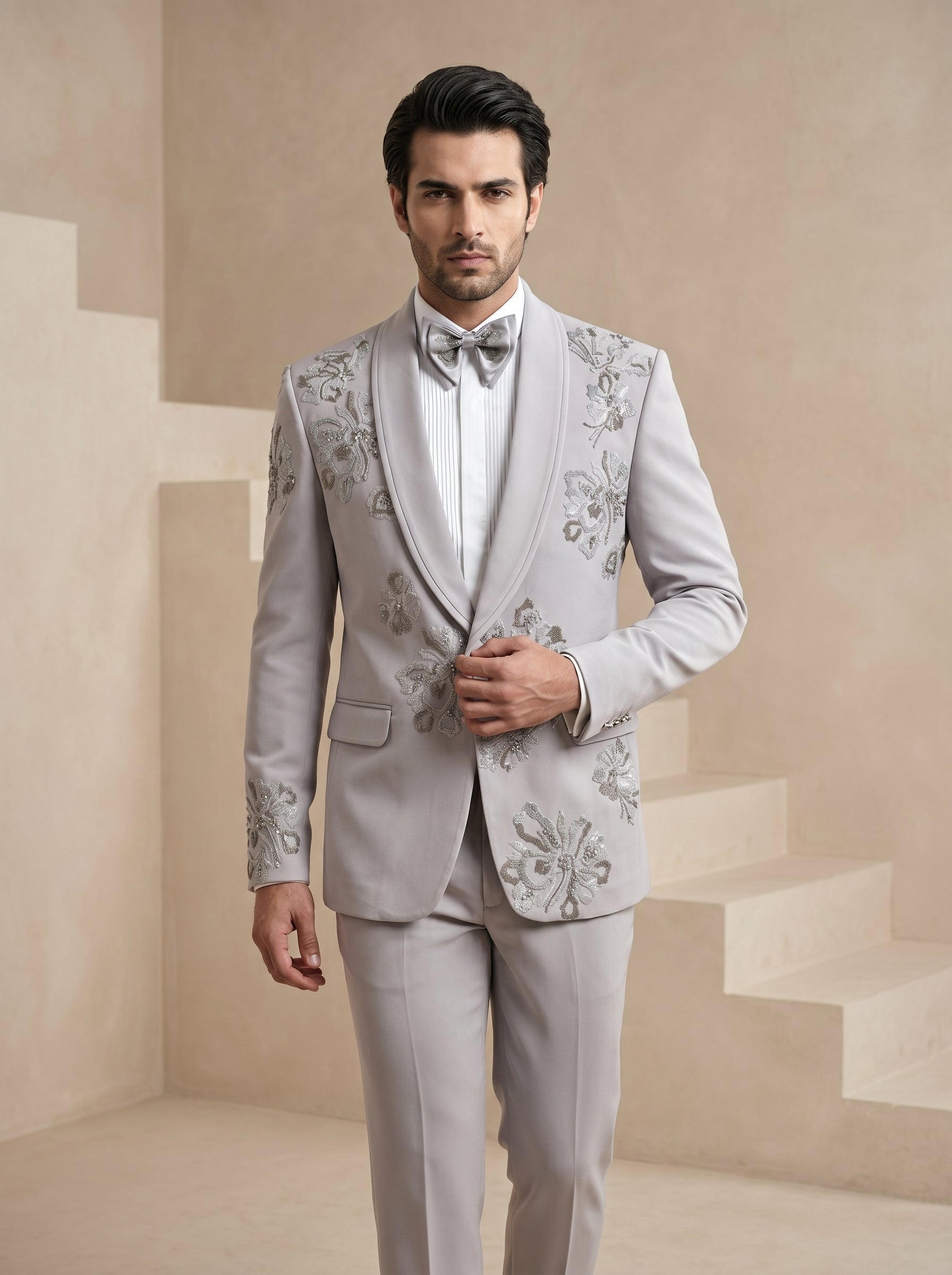 Grey Japanese Hand Embroidered Tuxedo