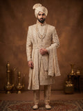 Silk Champagne Gold Sherwani With Hand Embroidery