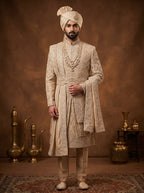 Silk Champagne Gold Sherwani With Hand Embroidery